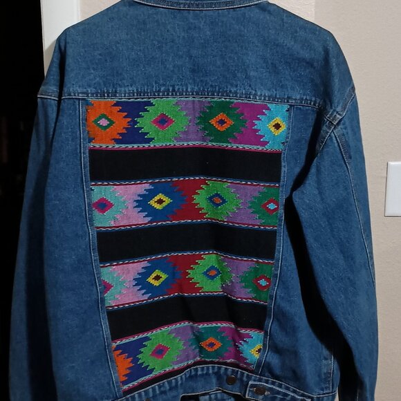 Maya Jones Import Women Blue Denim Jacket Size Large Southwest Aztec Design - Picture 9 of 15